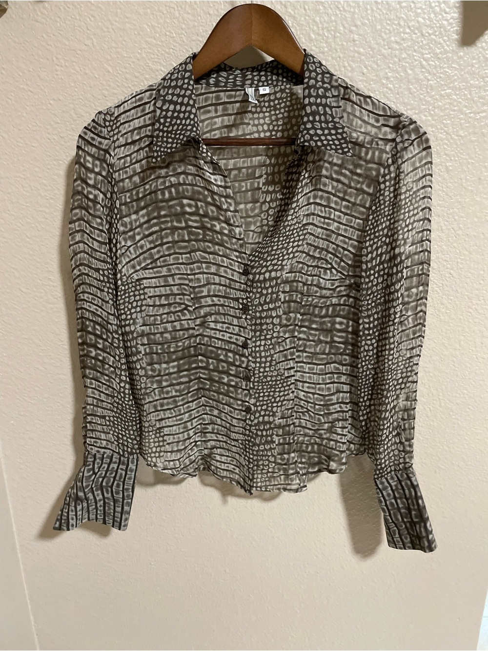 Parameter Semi-Sheer Brown Patterned Button-Front Silk Blouse
